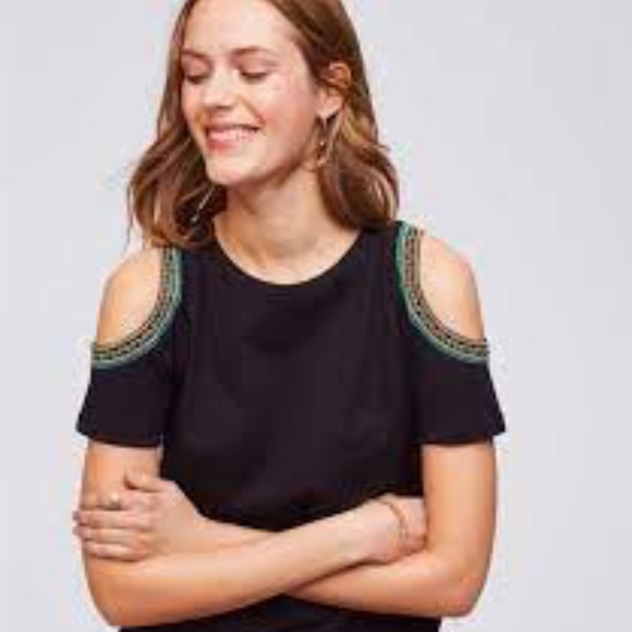 Loft Cold Shoulder Embroidered Tee, XS - Picture 1 of 5